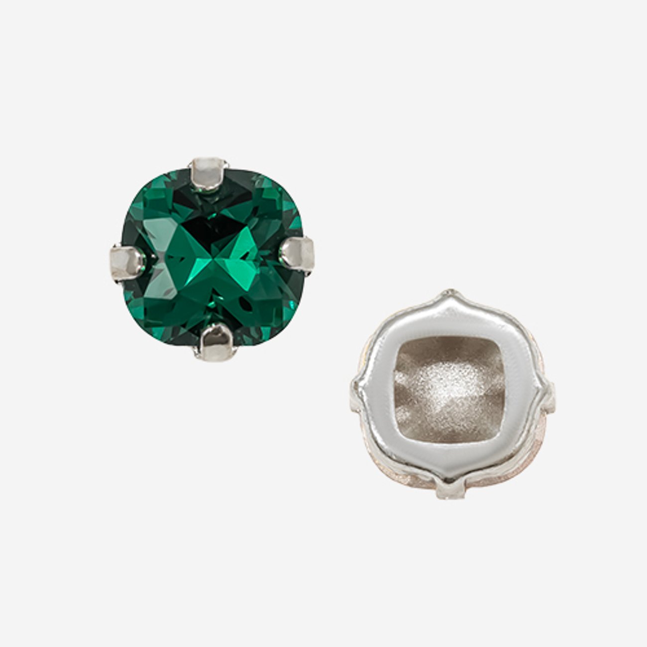 Кристалл Кушон (Сushion) в цапах, оттенок "Изумруд"/"Emerald", 9,2мм, родирование