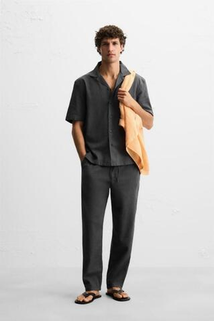 ZARA БРЮКИ ИЗ ХЛОПКА И ЛЬНА, СЕРЫЙ
