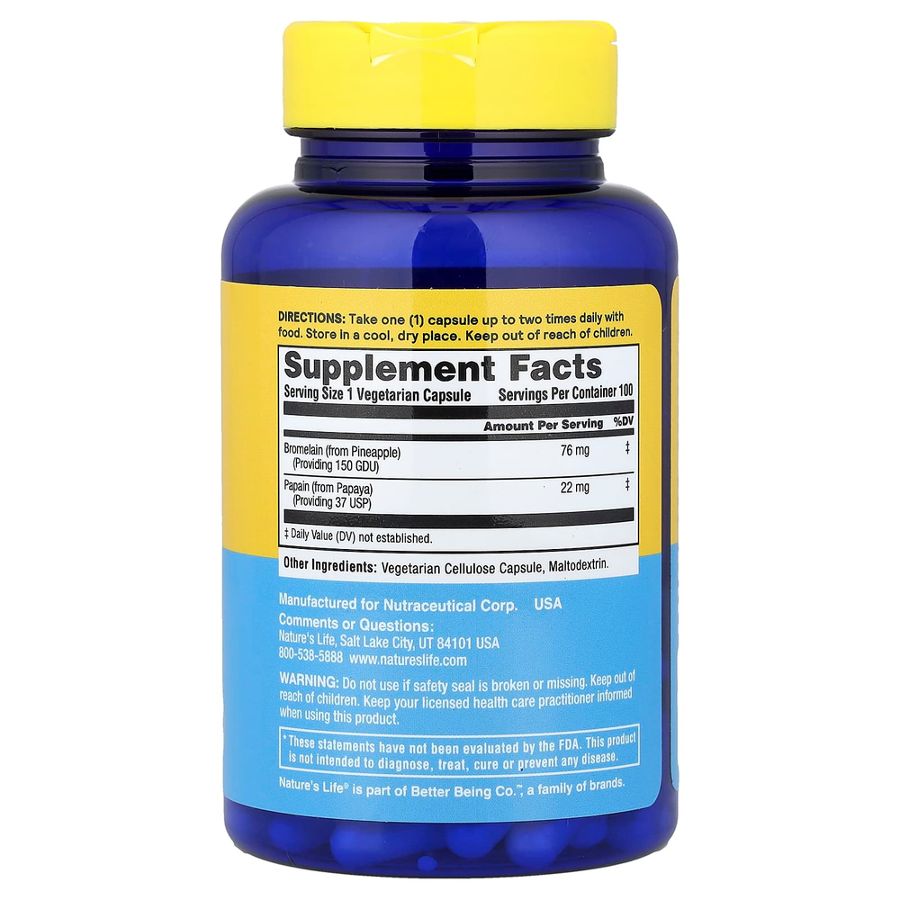 Nature's Life, бромелаин и папаин, 100 капсул