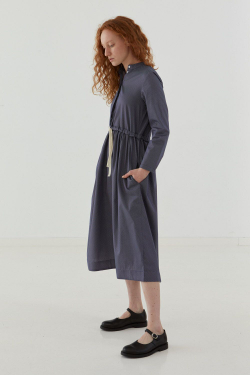 Платье на пуговицах с кулиской синее в белый горошек