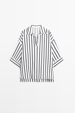 Massimo Dutti Рубашка оверсайз в полоску из льна, белый