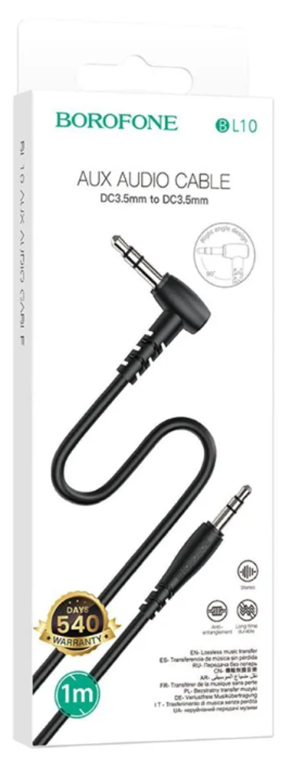 Шнур AUX  3,5мм 1,0м Угол черный Jack Borofone BL10-BL а00075