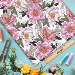 Ткань поплин розовые цветы серые листья