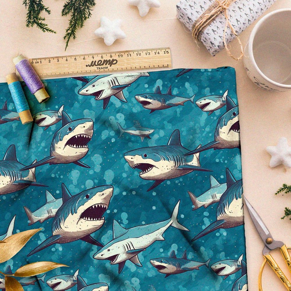 Ткань премиум интерлок хищные акулы