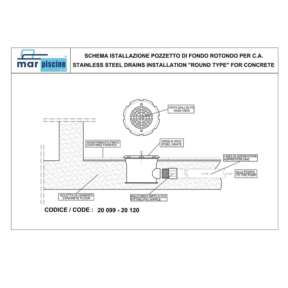 Донный слив под бетон Marpiscine 20099 (2") нерж.сталь