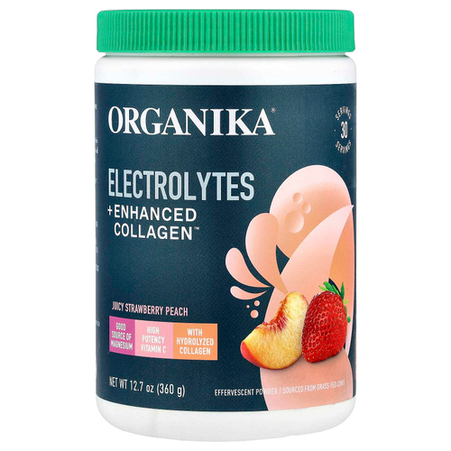 Organika, Electrolytes + Enhanced Collagen ™, сочная клубника и персик, 360 г (12,7 унции)