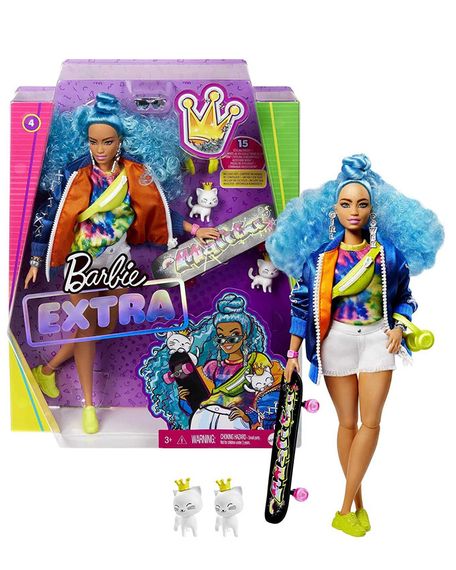 Kukla \ Кукла Barbie Extra Doll with Curly Blue Hair, Skateboard, &amp; 2 Kittens-N