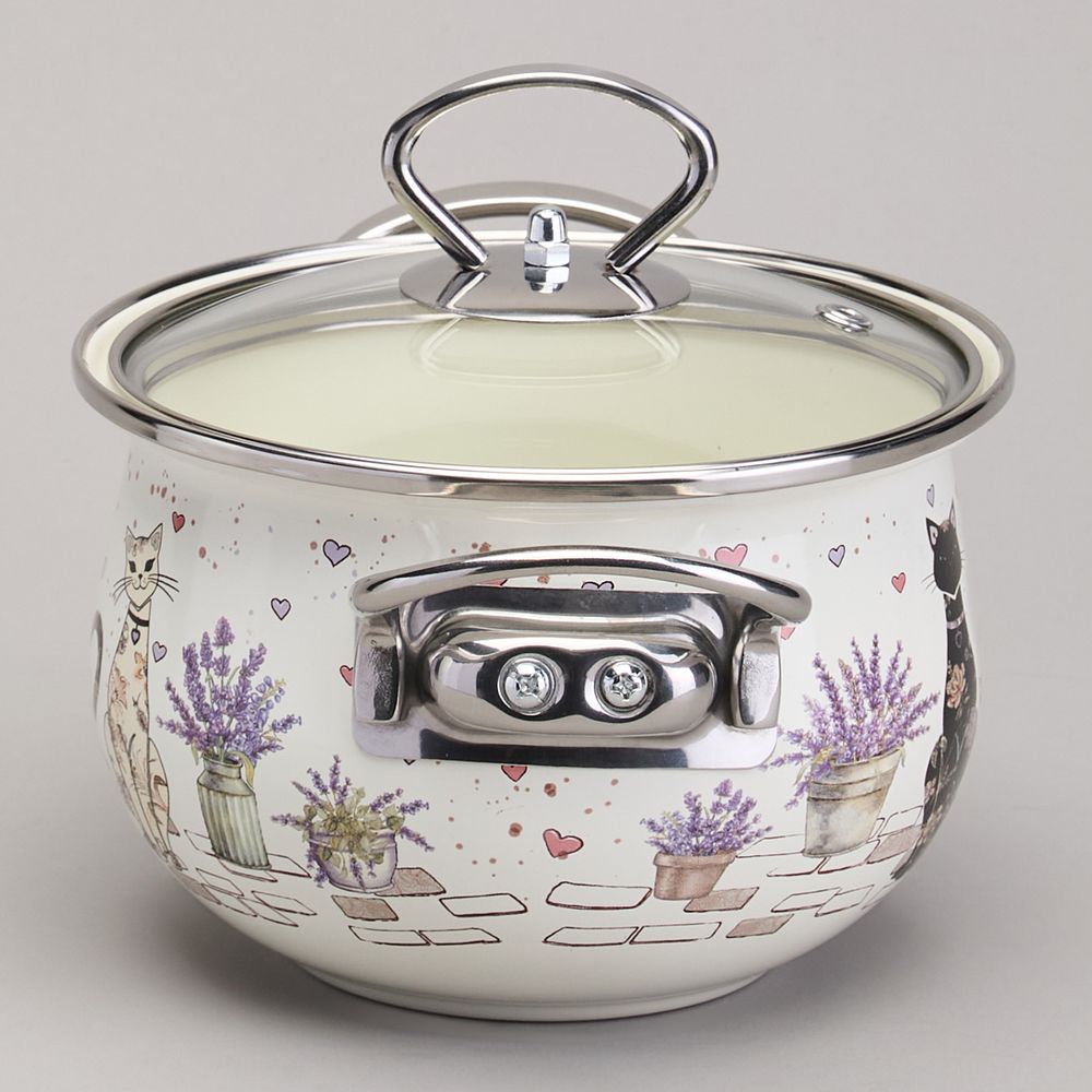 КАСТРЮЛЯ AGNESS ЭМАЛИРОВАННАЯ СО СТЕКЛЯННОЙ КРЫШКОЙ СЕРИЯ "LAVENDER CATS", 1,5 Л ДИА. 16СМ
