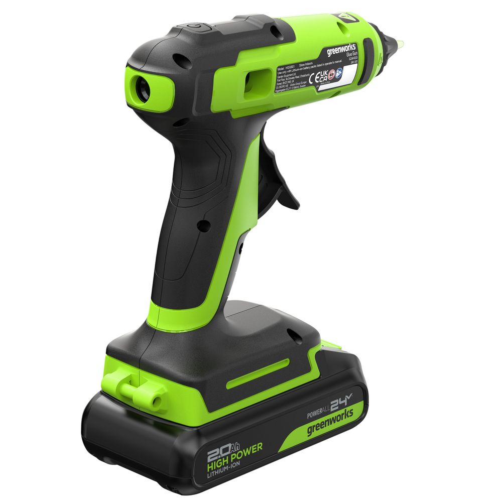 Пистолет клеевой акк. Greenworks G24GLG, 24V, 150°С, нагрев 90 сек, стержни 11 мм, антикапля,1х2Ач,ЗУ,кор (3502207CUA)
