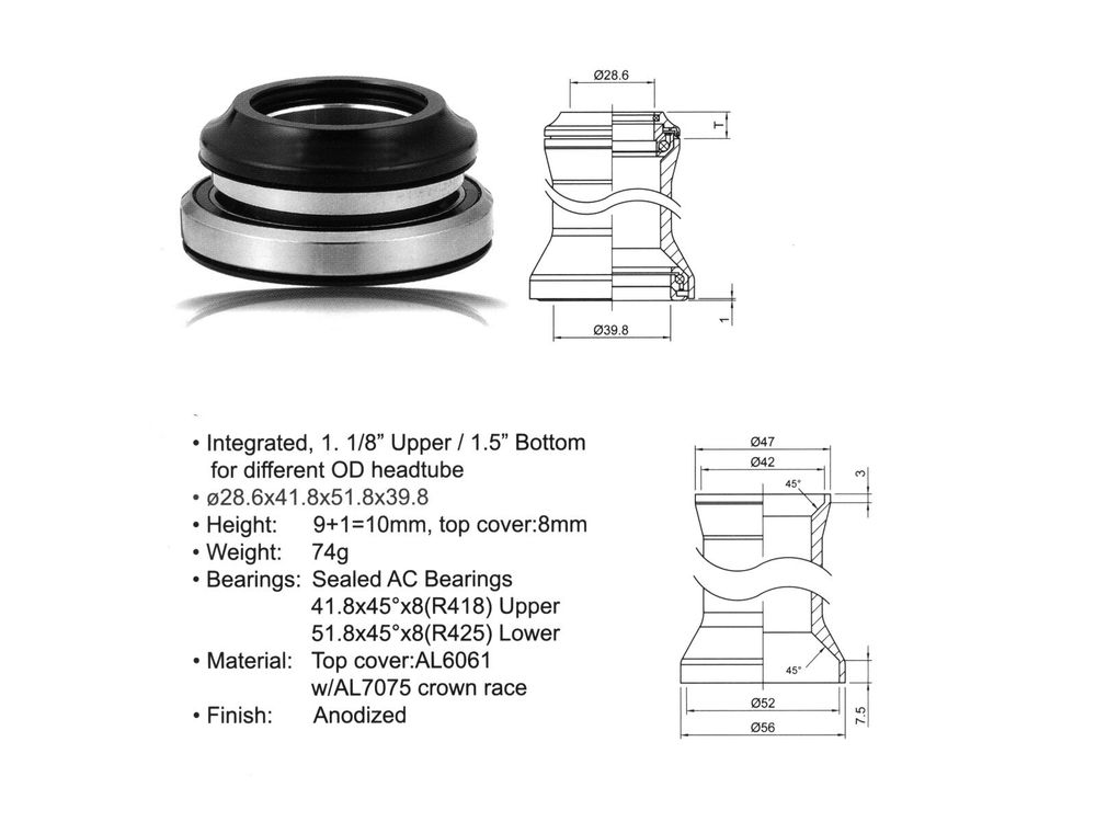 Рулевой набор алюминий интегр. картр. 1 1/8&quot;-1,5&quot; 28,6/41,8/51.8/39,8мм 45 x45 черн. AUTHOR