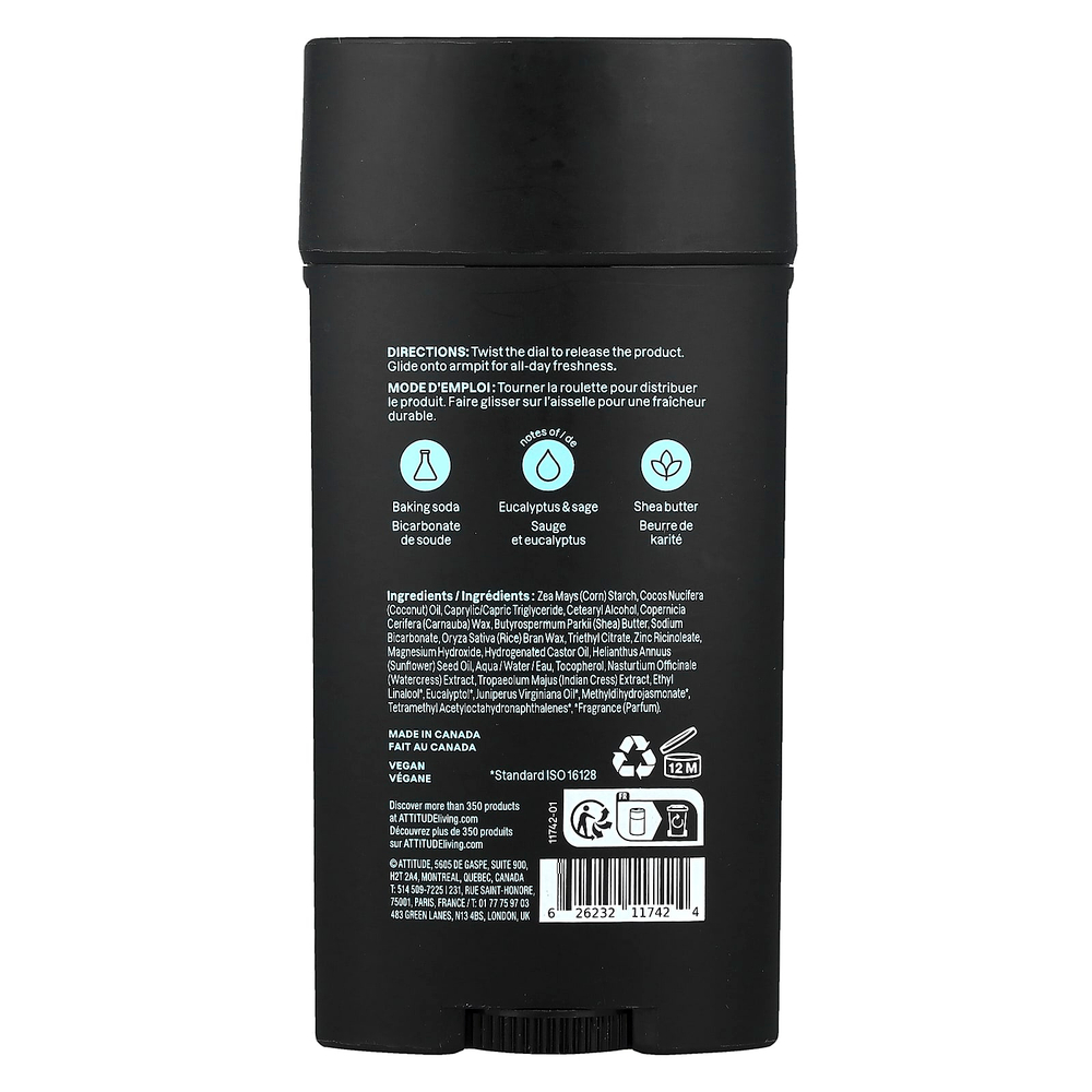 ATTITUDE, Super Leaves™, дезодорант без алюминия, для мужчин, эвкалипт и шалфей, 75 г (2,64 унции)