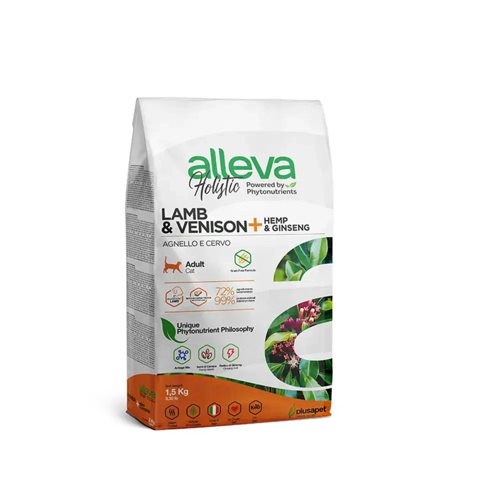 Alleva holistic cat adult lamb & venison сухой корм для взрослых кошек с ягненком и олениной, коноплей и женьшенем - 1,5 кг