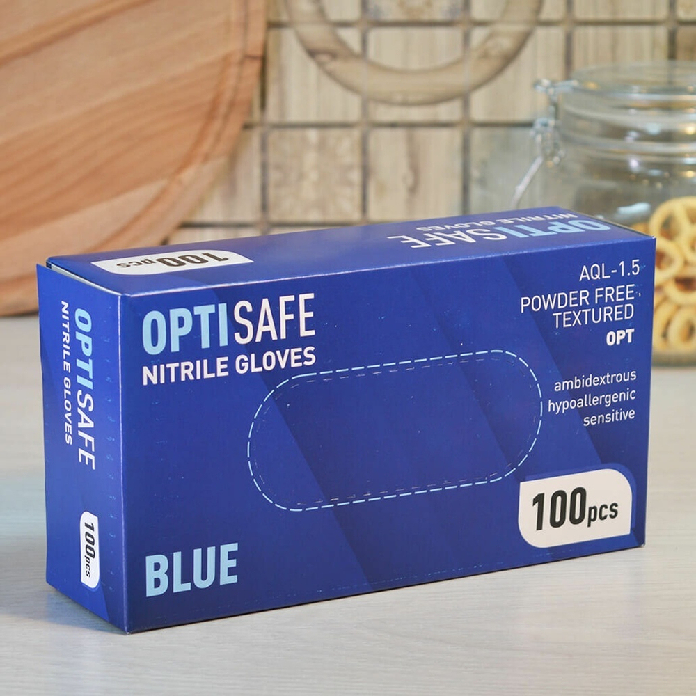 Перчатки нитриловые L неопудренные (100шт), голубые, Optisafe