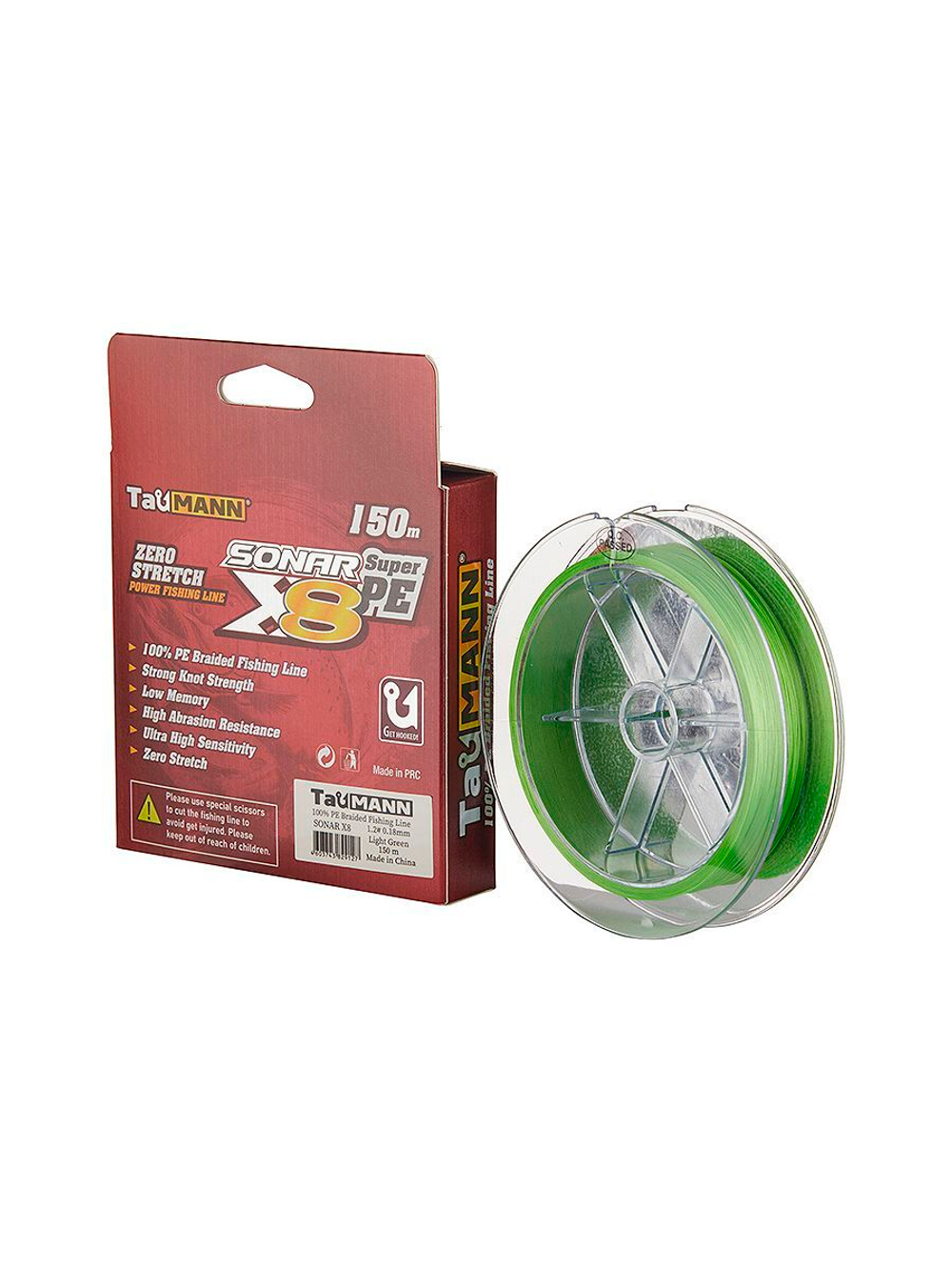 Плетеный шнур для рыбалки TauMANN Sonar PE X8 150m #0.4 (0.10mm) Light Green
