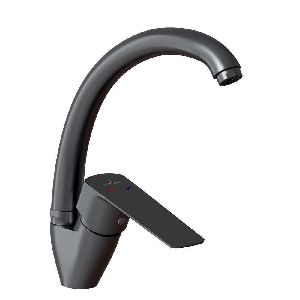 Смеситель для кухни 35k MIXLINE ML15-032GR высокий излив б/отв боковая п/гайку (без подводки) ГРАФИТ
