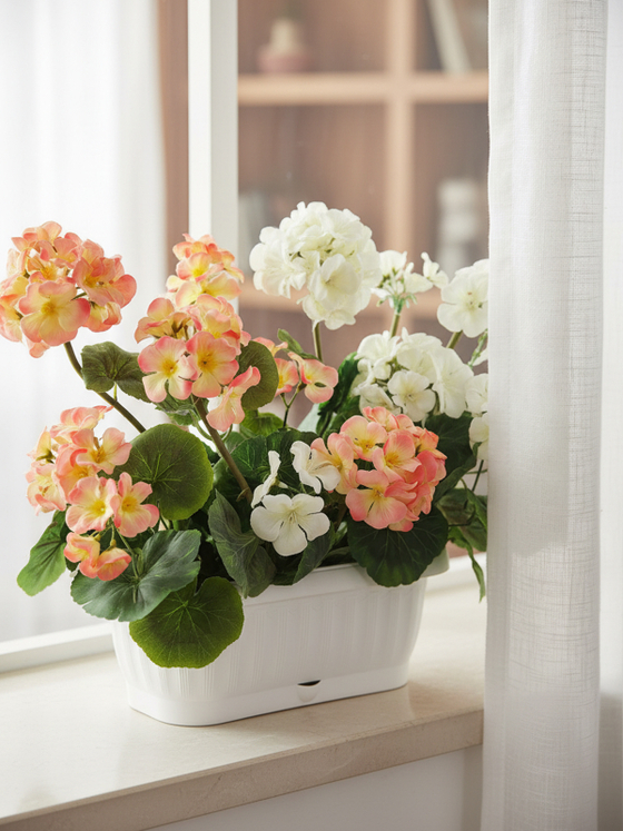 Искусственные цветы для балкона Герань персиково-белая 40см в балконном ящике