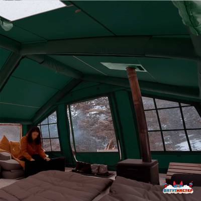 Пневмокаркасная всесезонная палатка «Тёплая Искра» 3,6×4,8×2,2 м — с печкой, из ПВХ, зелёная