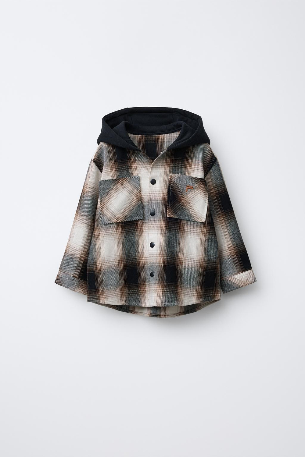 ZARA КУРТКА-РУБАШКА В КЛЕТКУ С КАПЮШОНОМ ИЗ МЯГКОЙ ТКАНИ, ЧЕРНЫЙ/КОРИЧНЕВЫЙ