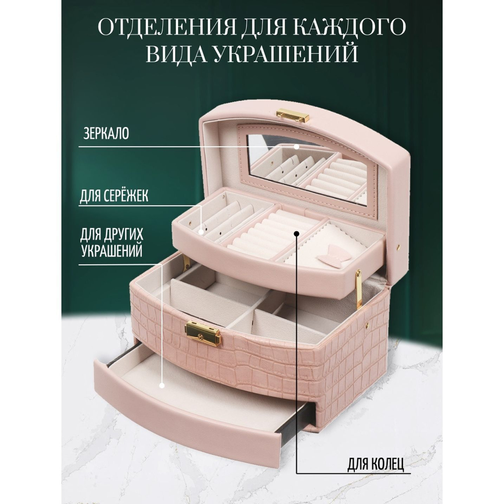 Шкатулка-кейс для украшений и косметики, полимер, 21.5х15х13 см, роз, Y4-5320-2