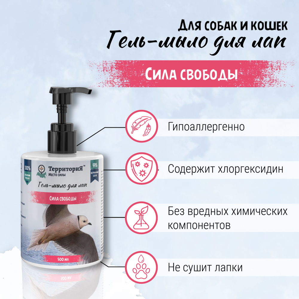 Гель-мыло для лап ТерриториЯ-косметика для собак и для кошек с хлоргексидином "Сила свободы" - 500 мл