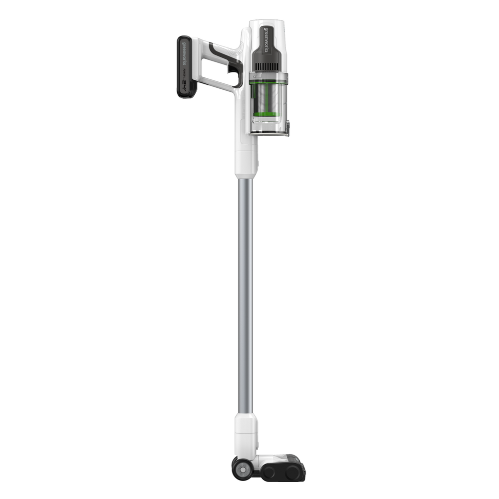 Пылесос вертикальный акк. Greenworks SV24360, 24V, б/щет, 250 Вт, 17 кПа, электрощетка, 2 насадки, LED, белый+серебро, 1х4Ач и ЗУ (4702107UB)