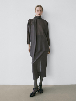 Massimo Dutti Прямая юбка миди с прозрачными вставками - STUDIO, серый