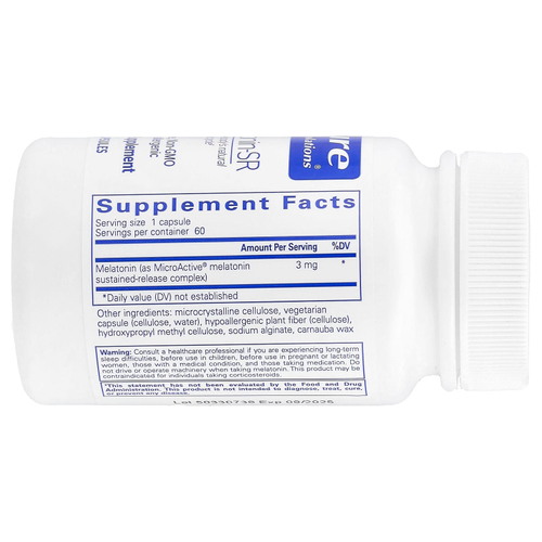Pure Encapsulations, Мелатонин-SR, 3 мг, 60 капсул