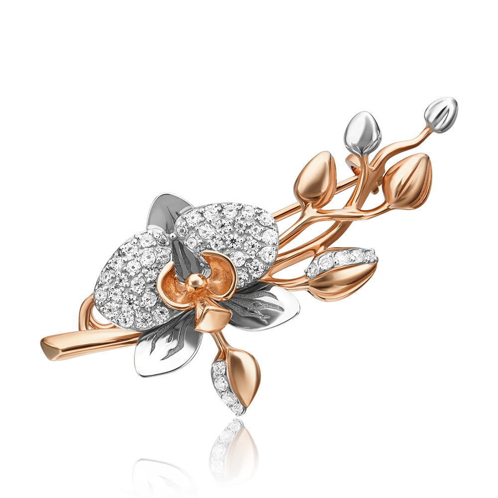 Брошь «Орхидея» из комбинированного золота c фианитами Артикул: 04-0214-00-401-1111-48