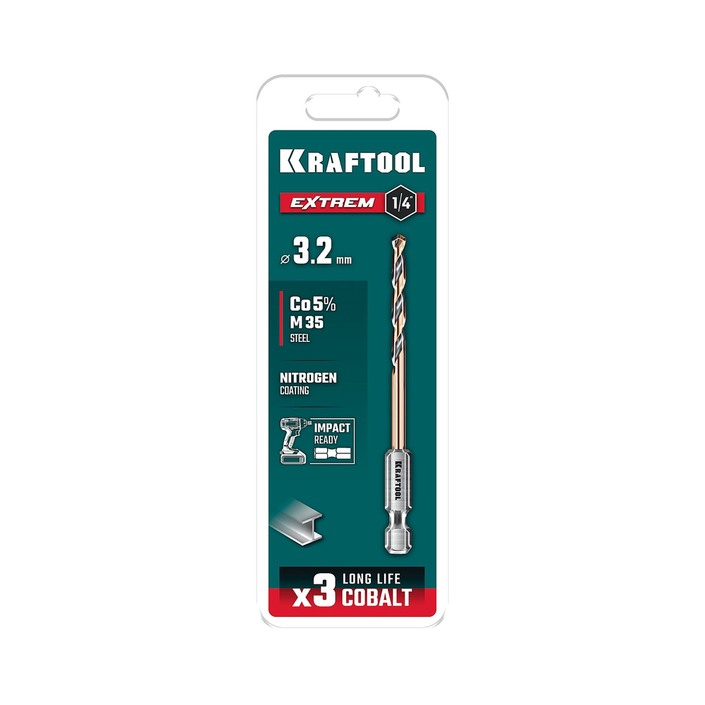 KRAFTOOL НЕХ-1/4″, d 3.2 х 75 мм, сверло по металлу для винтовёртов и шуруповертов IMPACT READY (29652-3.2)