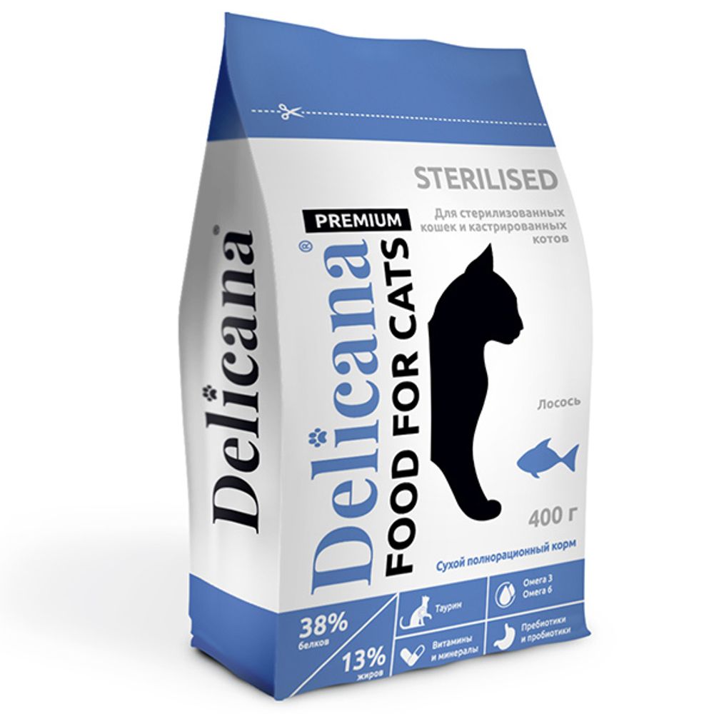 Корм Delicana кастрированных котов и стерилизованных кошек 0.4кг лосось бренд