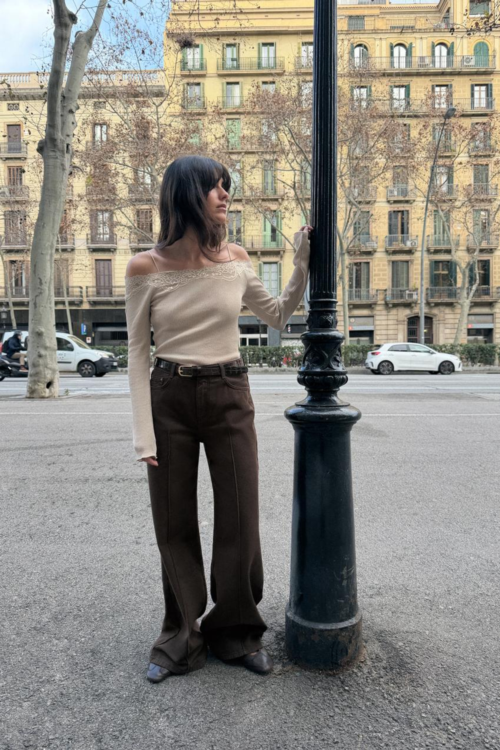 ZARA КОМБИНИРОВАННЫЙ ТОП С ОТКРЫТЫМИ ПЛЕЧАМИ, СВЕТЛО-БЕЖЕВЫЙ