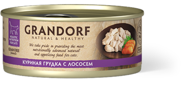 Grandorf Консервы для кошек Куриная грудка с лососем в бульоне 70г