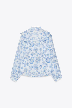ZARA БЛУЗА ИЗ ТКАНИ С ПРИНТОМ СО СБОРКАМИ И ВОЛАНАМИ, СИНИЙ/БЕЛЫЙ