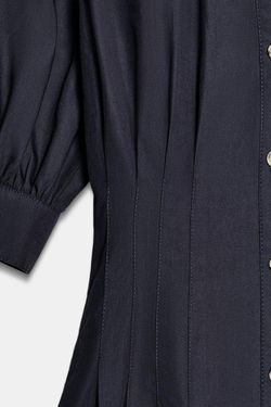 ZARA ПЛАТЬЕ МИДИ ИЗ ПОПЛИНА С ОБЪЕМНЫМИ РУКАВАМИ, МОРСКОЙ СИНИЙ