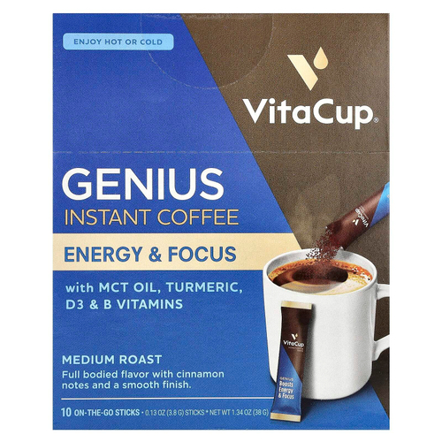 VitaCup, Растворимый кофе Genius, средней обжарки, 10 палочек для еды, по 3,8 г (0,13 унции)