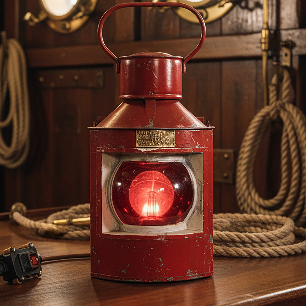 Винтажный морской фонарь WOODandROOT 1957 года в красном корпусе на фоне тёмной корабельной каюты с канатами и деревянными панелями.