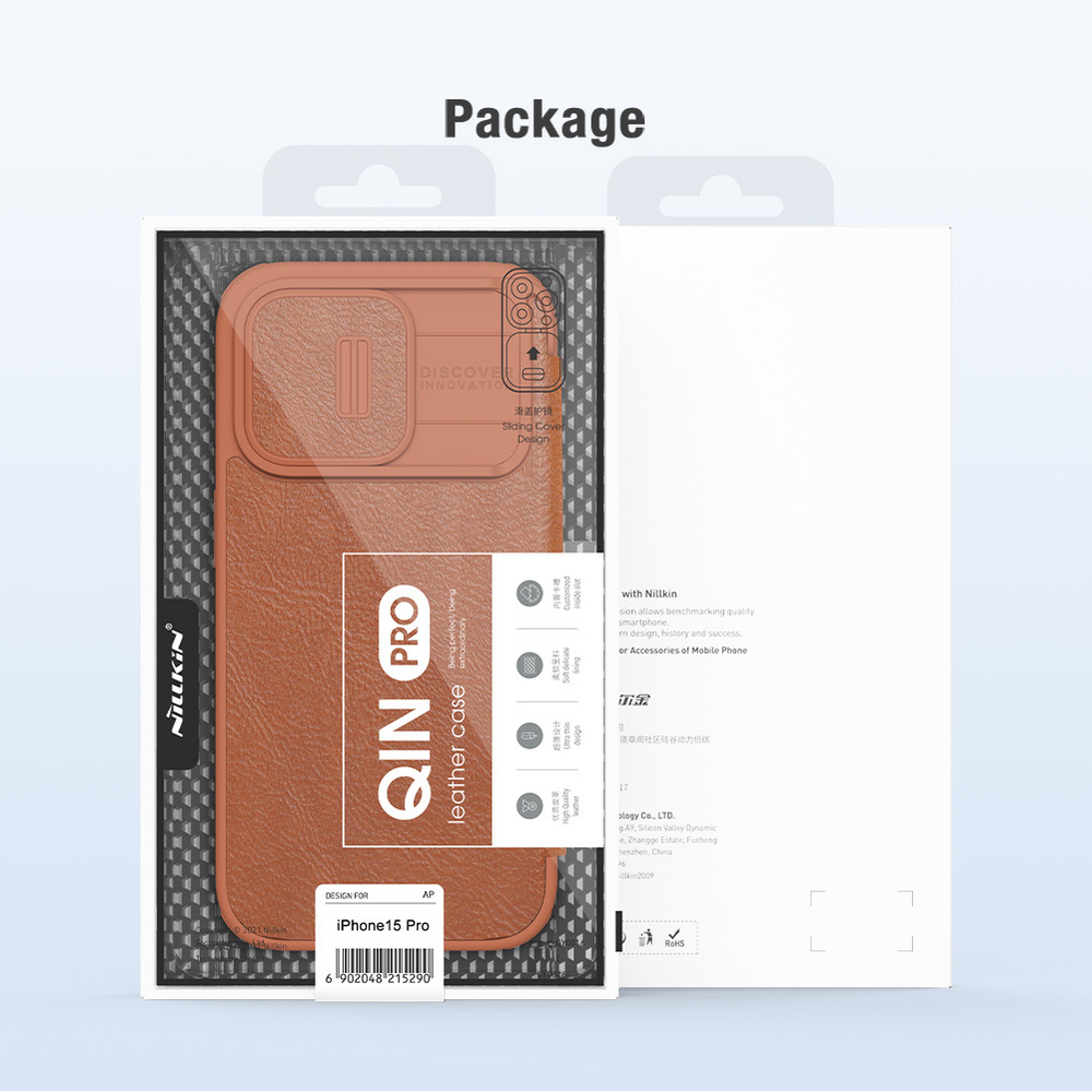 Кожаный чехол книжка коричневого цвета от Nillkin для iPhone 15 Pro, серия Qin Pro Leather с защитной шторкой для камеры