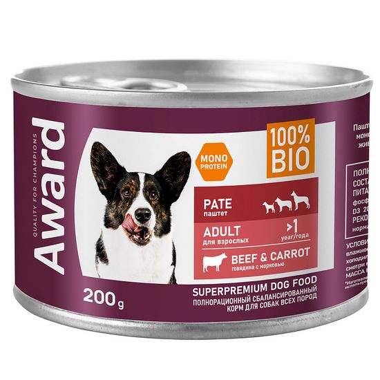 Влажный корм AWARD для взрослых собак паштет из говядины с морковью