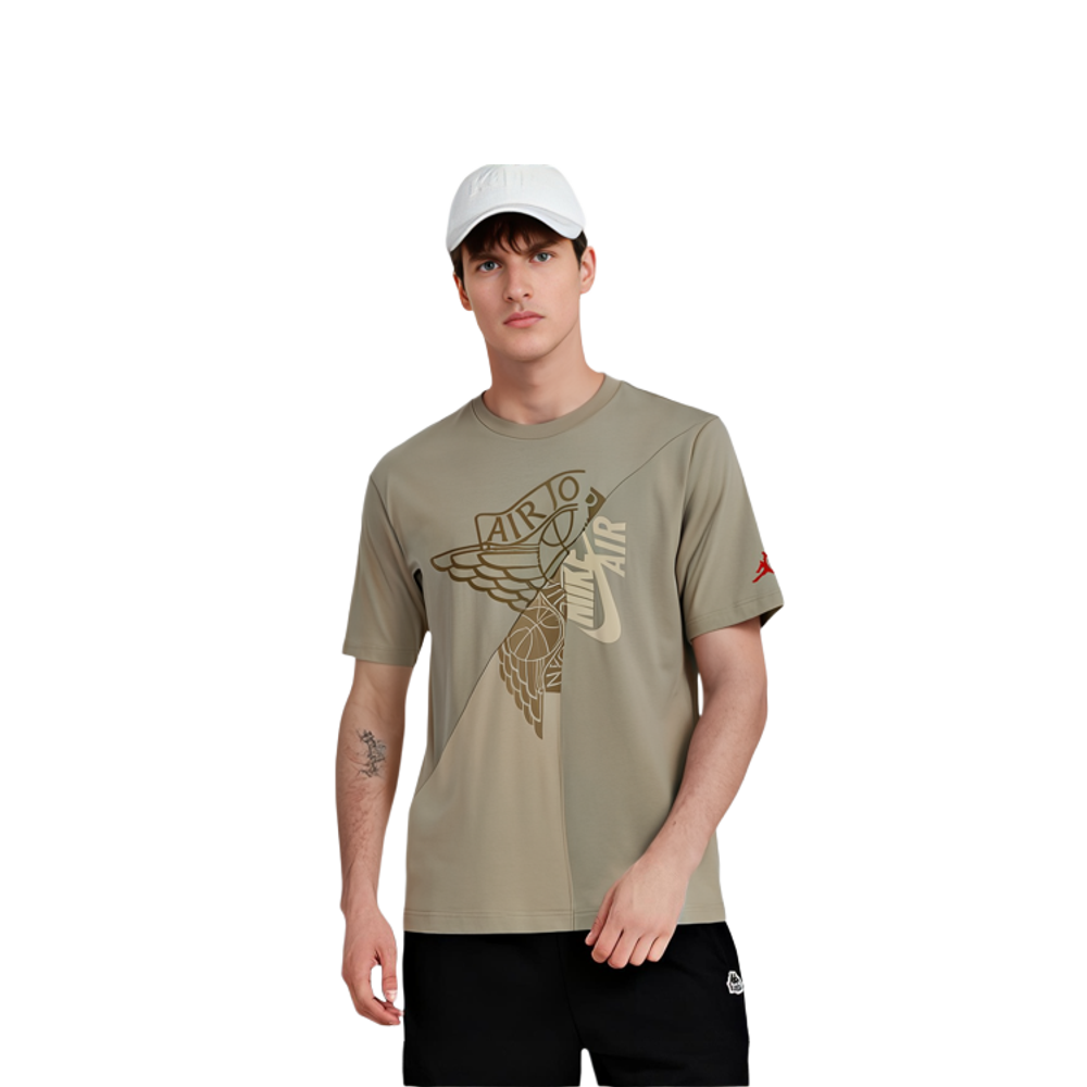 Jordan Air 6 Travis Scott stitching printing American retro sports round neck short-sleeved SS21 rotator cuff T-shirt men's khaki