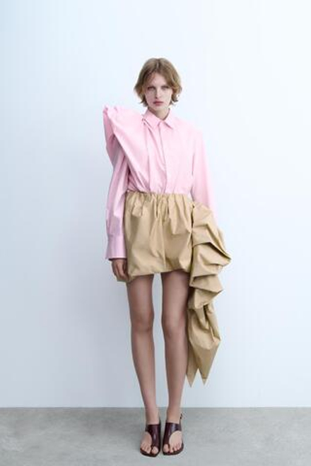 ZARA МИНИ-ЮБКА ОБЪЕМНОГО КРОЯ С БАНТОМ — ZW COLLECTION, БЕЖЕВЫЙ