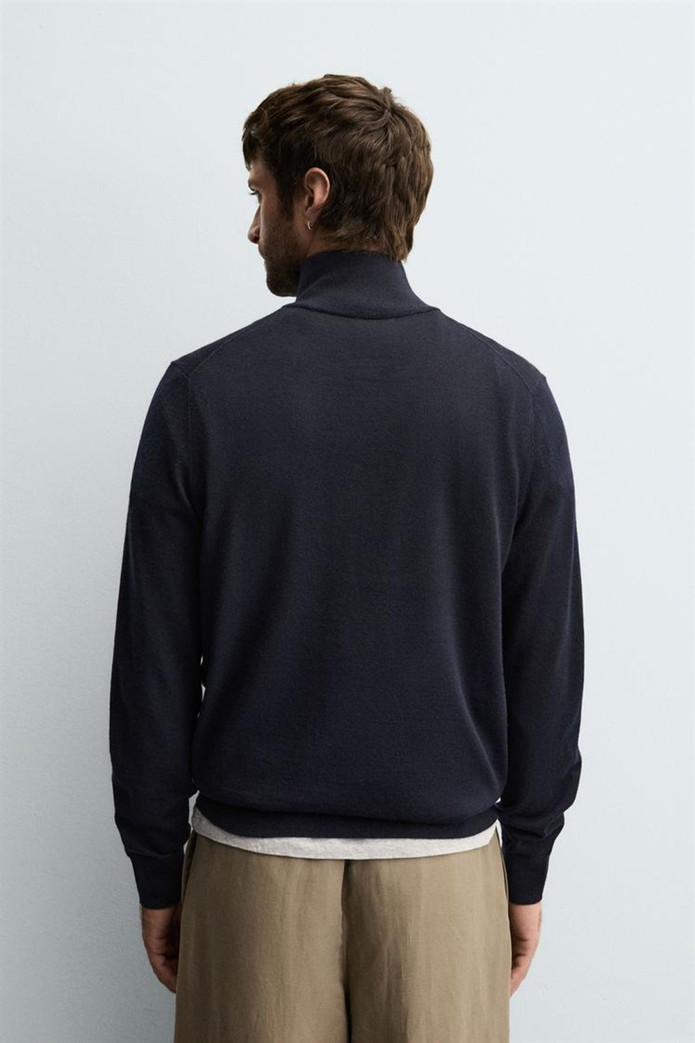 ZARA ШЕРСТЯНОЙ СВИТЕР С ВОРОТНИКОМ НА МОЛНИИ, МОРСКОЙ СИНИЙ