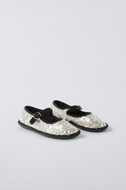 ZARA БАЛЕТКИ С ПАЙЕТКАМИ, БЕЛЫЙ