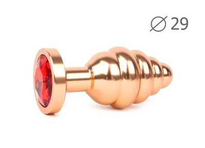 Коническая ребристая золотистая анальная втулка с красным кристаллом - 7,1 см. (Цвет: красный)