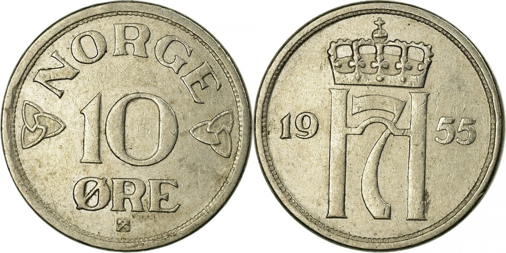 Норвегия 10 эре, 1951 - 1957 Король Хокон VII XF
