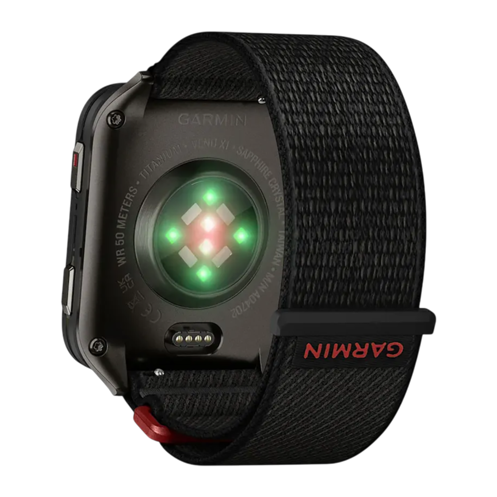 Спортивные часы Garmin Venu X1, чёрный нейлоновый браслет ComfortFit Чёрный безель, AMOLED-дисплей с сапфировым стеклом. Браслет с текстильной застёжкой — на запястье обхватом 140–230 мм