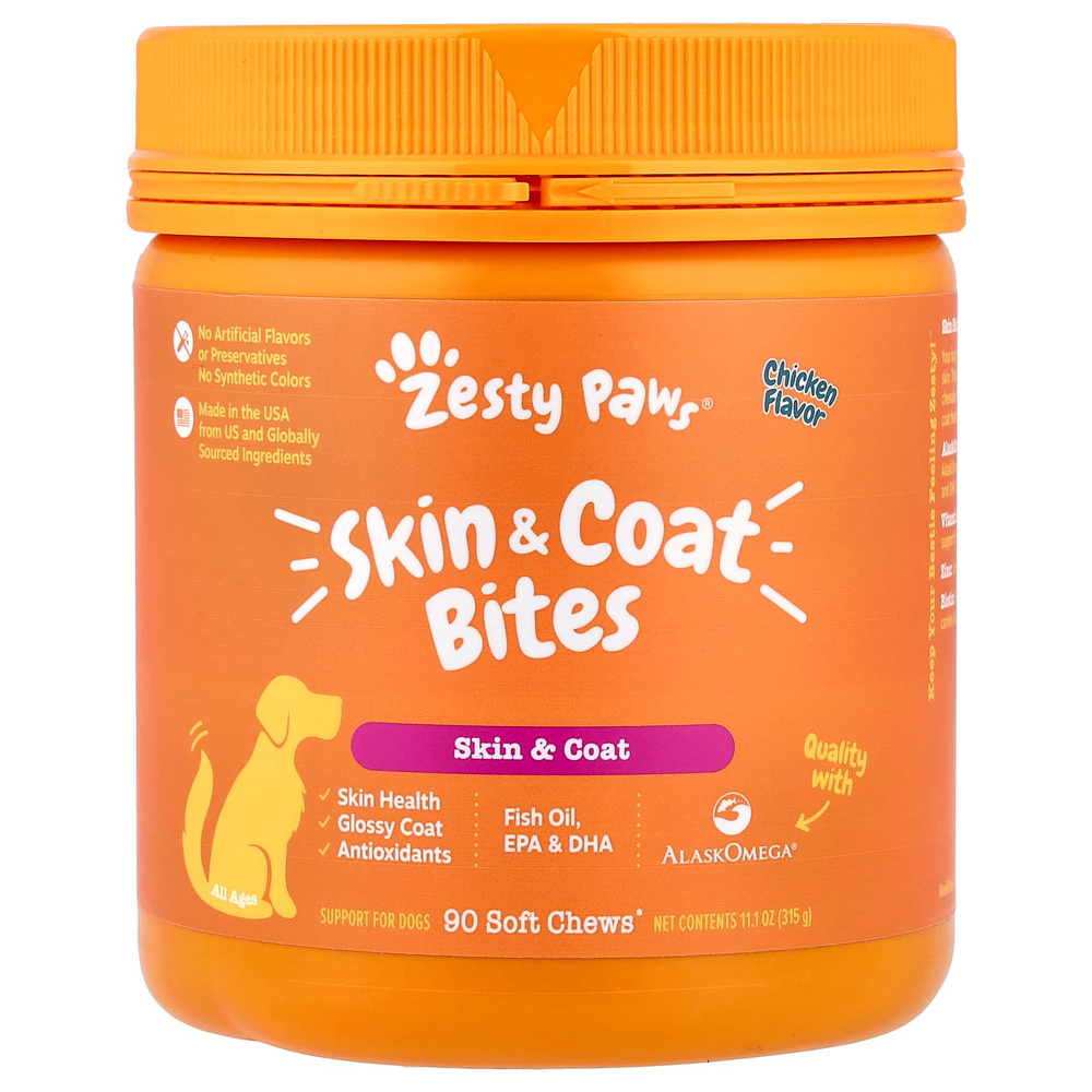 Zesty Paws, От укусов кожи и шерсти, для собак, для всех возрастов, курица, 90 жевательных таблеток, 315 г (11,1 унции)