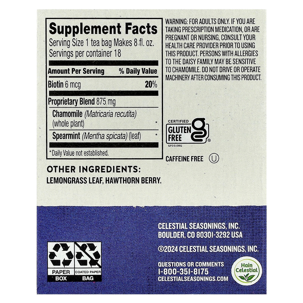 Celestial Seasonings, Wellness Tea, Sleepytime®, биотин Beauty Rest™, без кофеина, 18 чайных пакетиков, 21 г (0,75 унции)