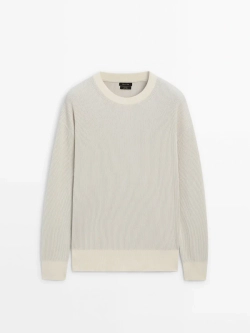 Massimo Dutti Свитер из хлопка букле с круглым вырезом, натуральный, кремовый