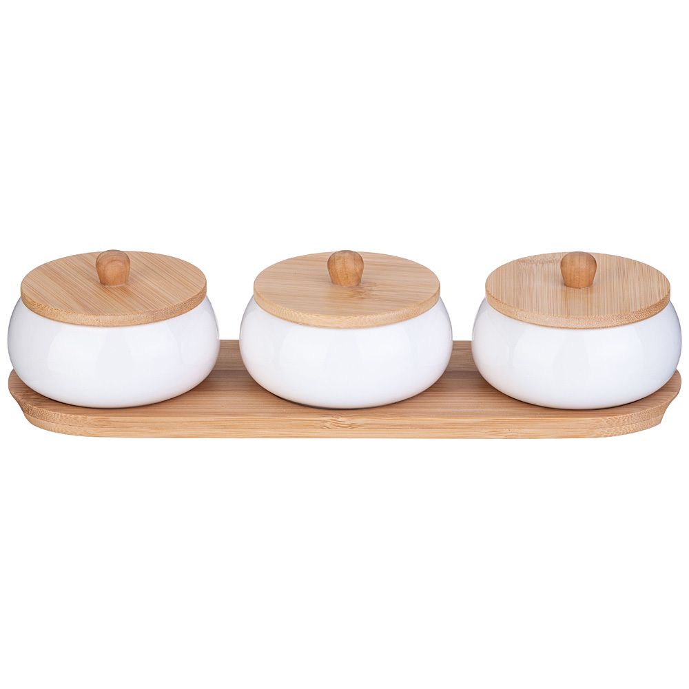 НАБОР БАНОК С ДЕРЕВ. КРЫШКОЙ LEFARD "NATIVE" 3 ШТ. 8,5*6,5 СМ 150 МЛ НА ДЕРЕВ. ПОДСТАВКЕ (КОР=24ШТ.)