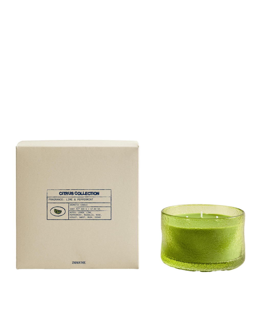 Zara Home Свеча ароматическая Lime & Peppermint 500 г, растительный воск, аромат свежий цитрусовый, Горчичный